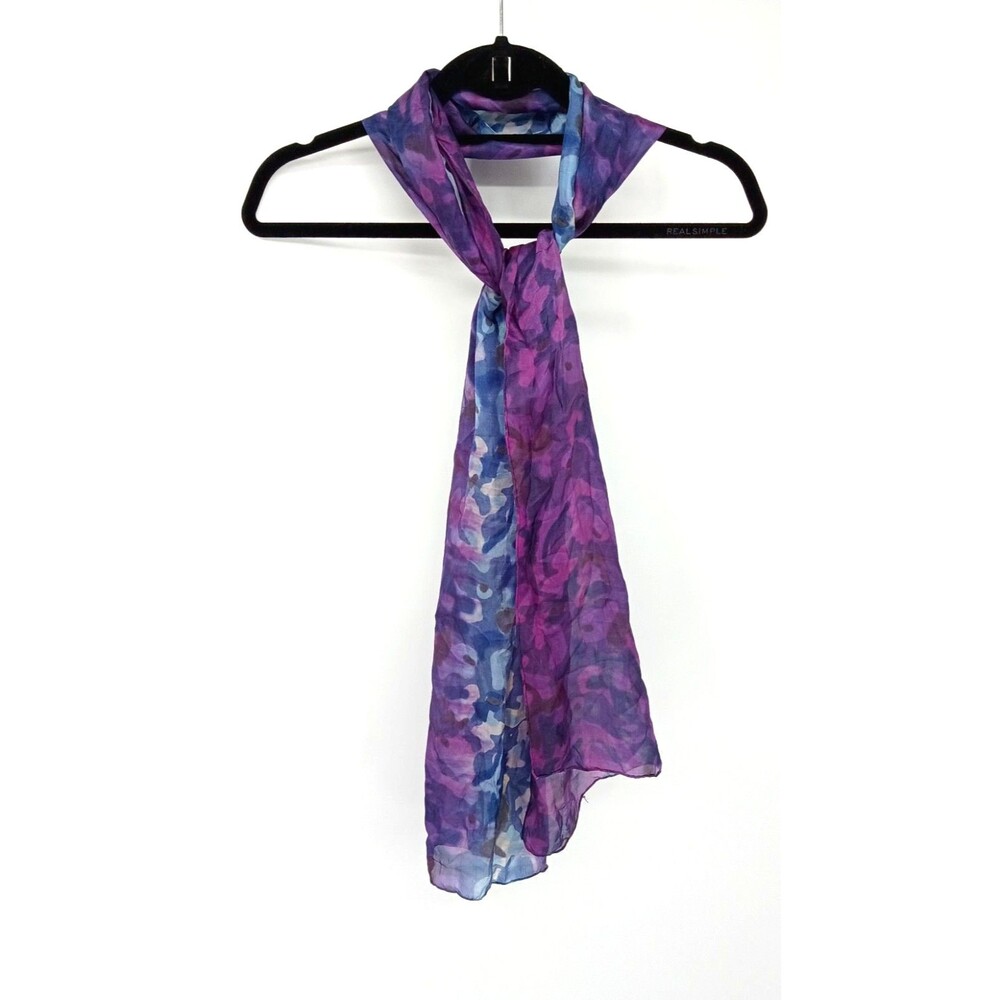 Eileen Fisher 100% Silk Long Rectangle Scarf Purple Blue Watercolor Floral Japan